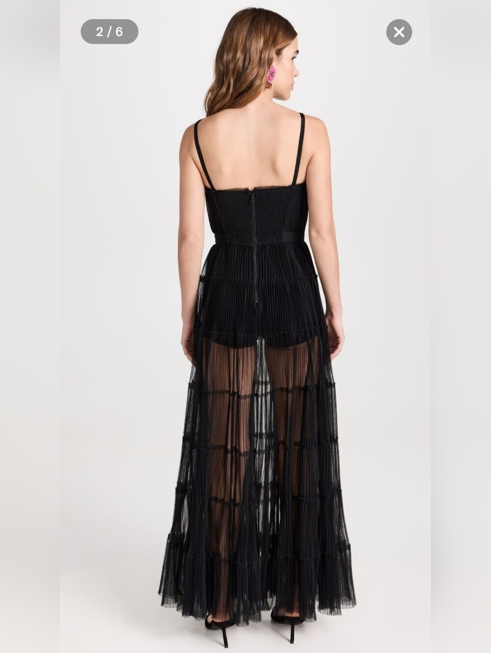 Alice + Olivia Deena Pleated Maxi Dress Black Sheer Tulle Pleated Gown Size 6 - Picture 4 of 15